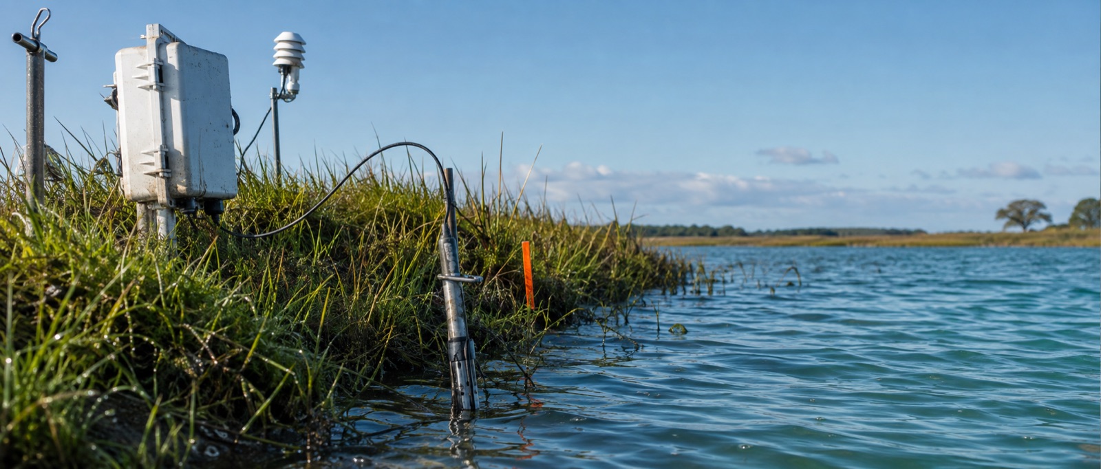 A field sensor station at the edge of a salt marsh